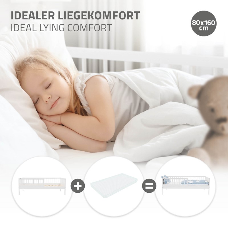 Kinderbett 80x160 cm mit Lattenrost und Rausfallschutz Weiß Kiefernholz ML-Design