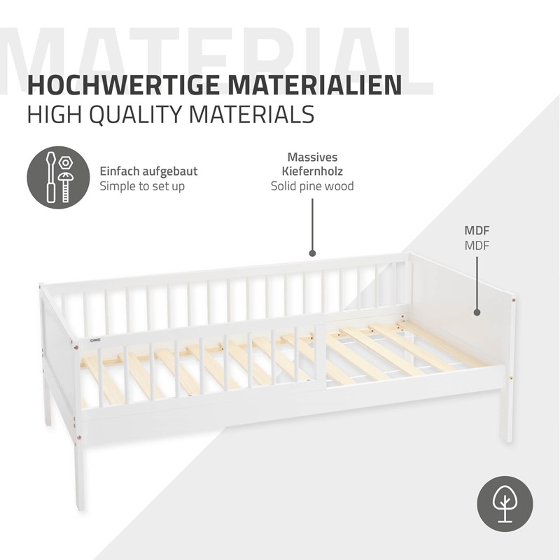 Kinderbett 80x160 cm mit Lattenrost und Rausfallschutz Weiß Kiefernholz ML-Design