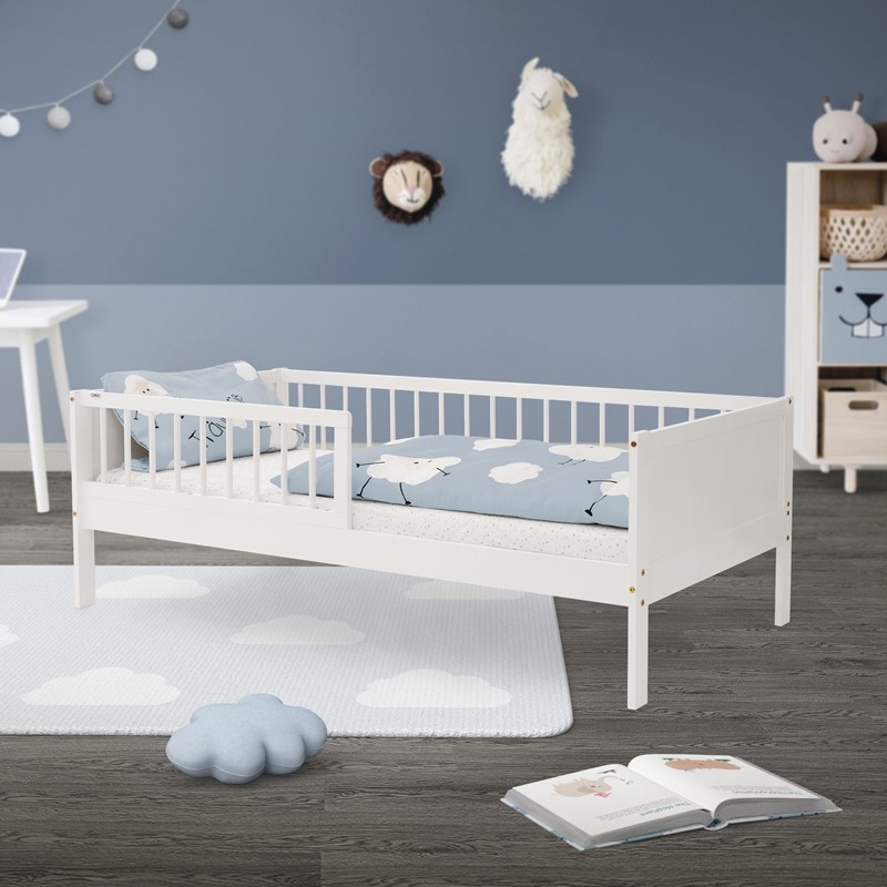 Kinderbett 80x160 cm mit Lattenrost und Rausfallschutz Weiß Kiefernholz ML-Design