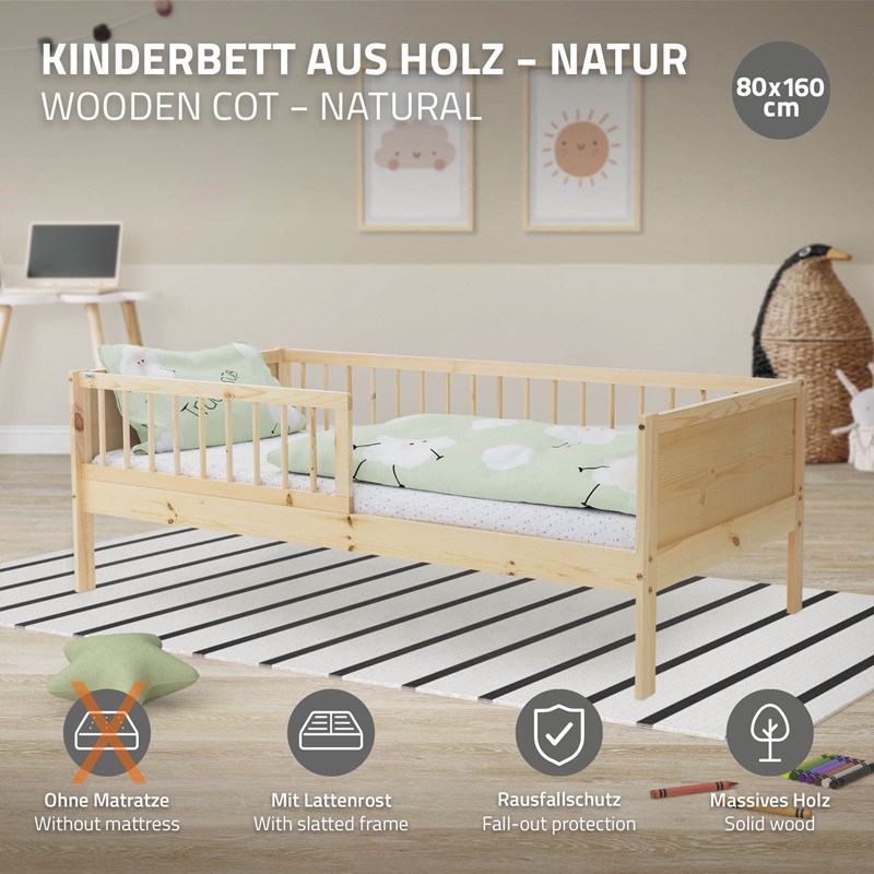 Kinderbett 80x160 cm mit Lattenrost und Rausfallschutz Natur Kiefernholz ML-Design