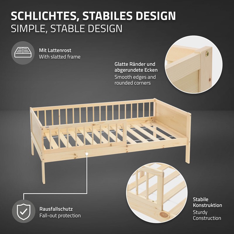 Kinderbett 80x160 cm mit Lattenrost und Rausfallschutz Natur Kiefernholz ML-Design