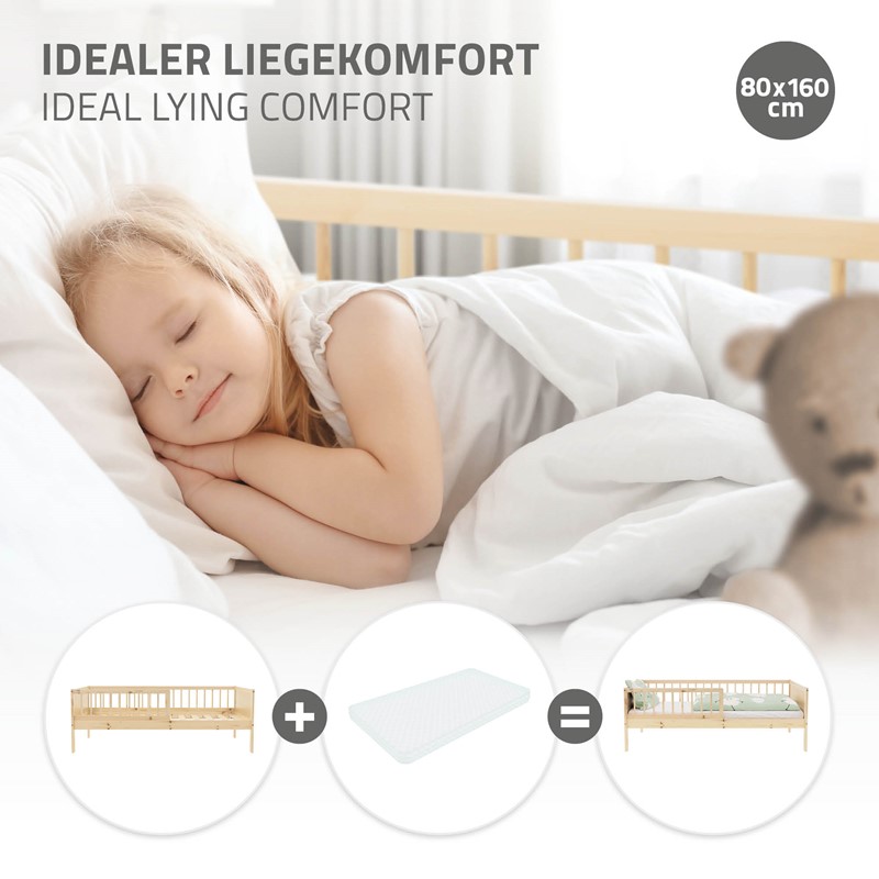 Kinderbett 80x160 cm mit Lattenrost und Rausfallschutz Natur Kiefernholz ML-Design