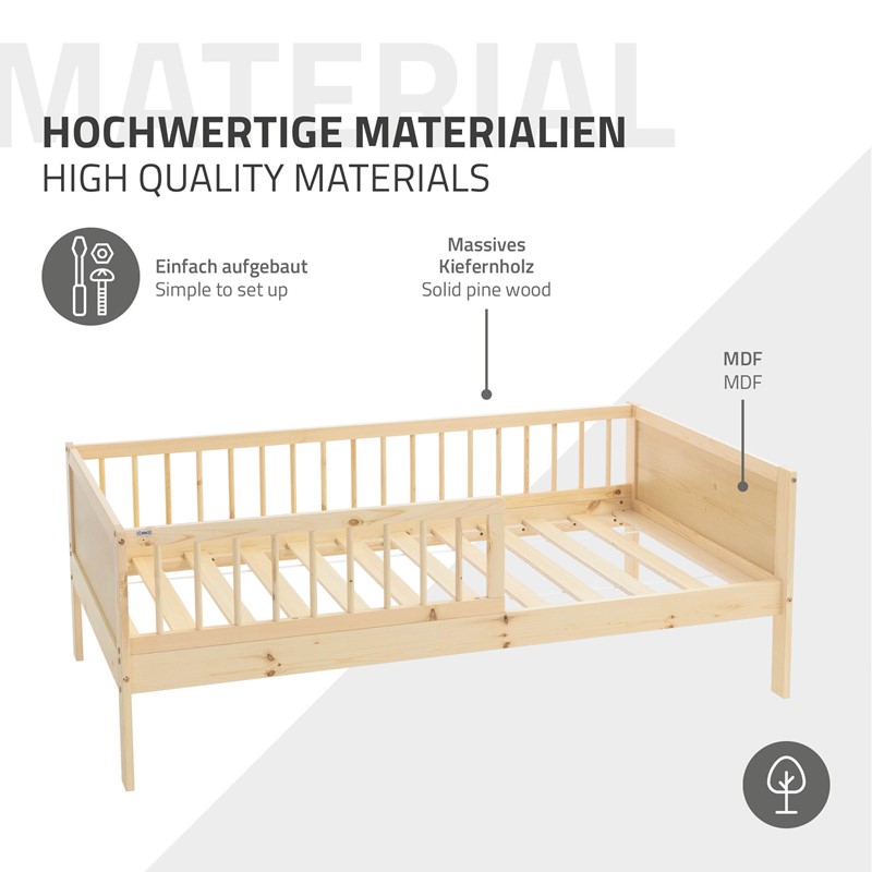 Kinderbett 80x160 cm mit Lattenrost und Rausfallschutz Natur Kiefernholz ML-Design
