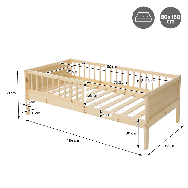 Kinderbett 80x160 cm mit Lattenrost und Rausfallschutz Natur Kiefernholz ML-Design