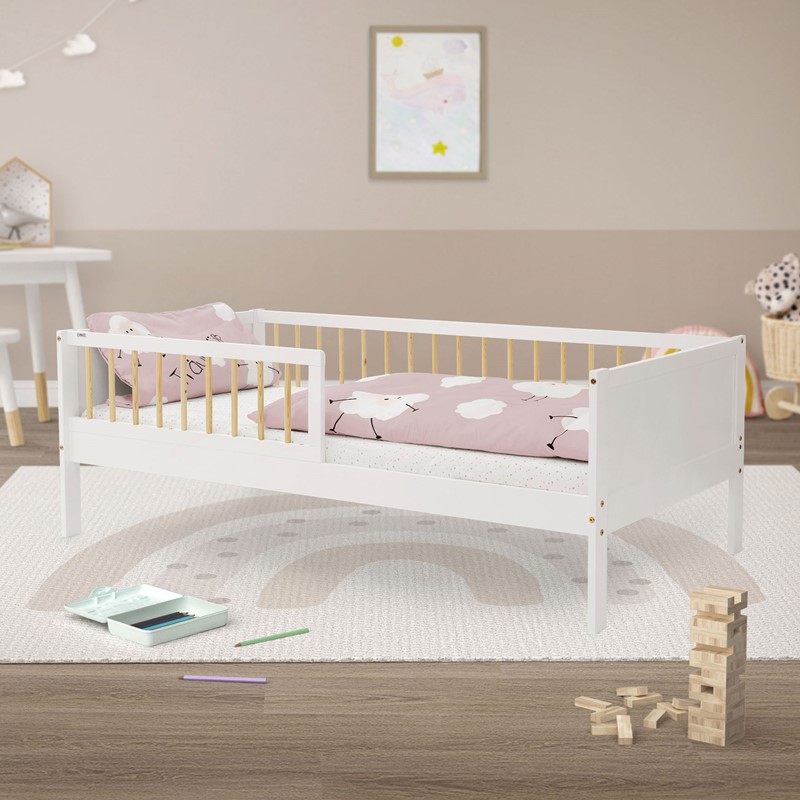 Kinderbett 80x160 cm mit Lattenrost und Rausfallschutz Weiß/Natur Kiefernholz ML-Design Kinderbett 80x160 cm mit Lattenrost und Rausfallschutz Weiß/Natur Kiefernholz ML-Design