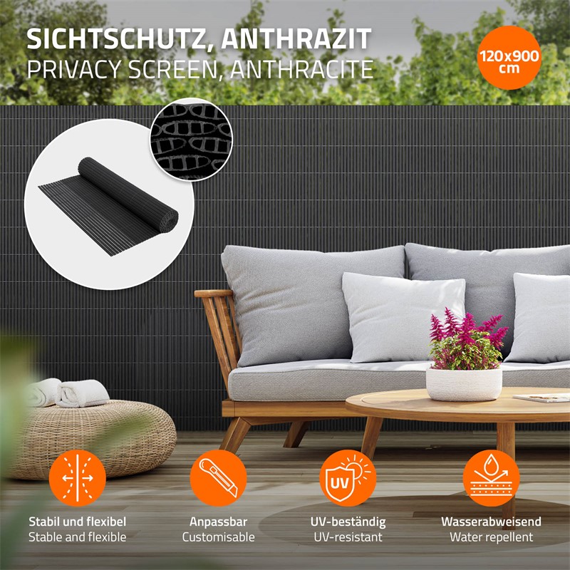 Sichtschutzmatte 120x900 cm Sichtschutzzaun Windschutz Balkonschutz PVC Anthrazit UV-beständig