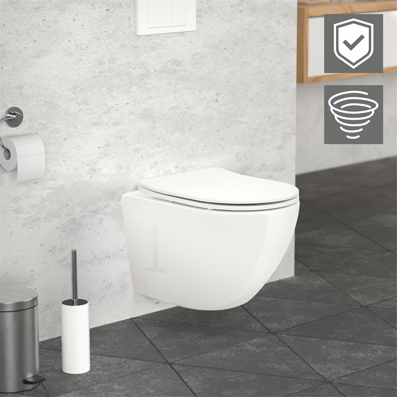 Wand-WC Hänge Toilette aus Keramik 49 cm lang Spülrandlos mit Nanoversiegelung & Softclose Luxebath Wand-WC Hänge Toilette aus Keramik 49 cm lang Spülrandlos mit Nanoversiegelung & Softclose Luxebath