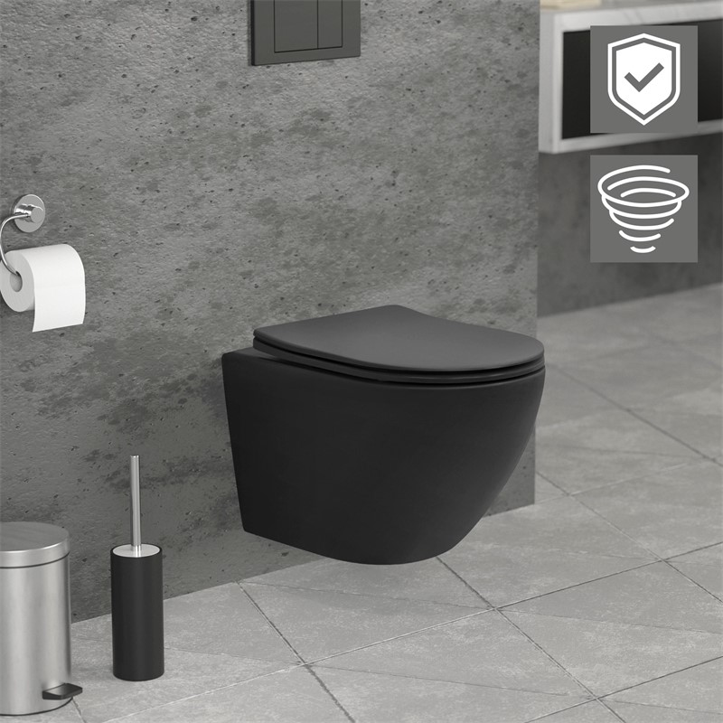 Wand-WC Hänge Toilette aus Keramik Matt Schwarz 49 cm lang Spülrandlos mit Nanoversiegelung & Softclose Luxebath Wand-WC Hänge Toilette aus Keramik Matt Schwarz 49 cm lang Spülrandlos mit Nanoversiegelung & Softclose Luxebath
