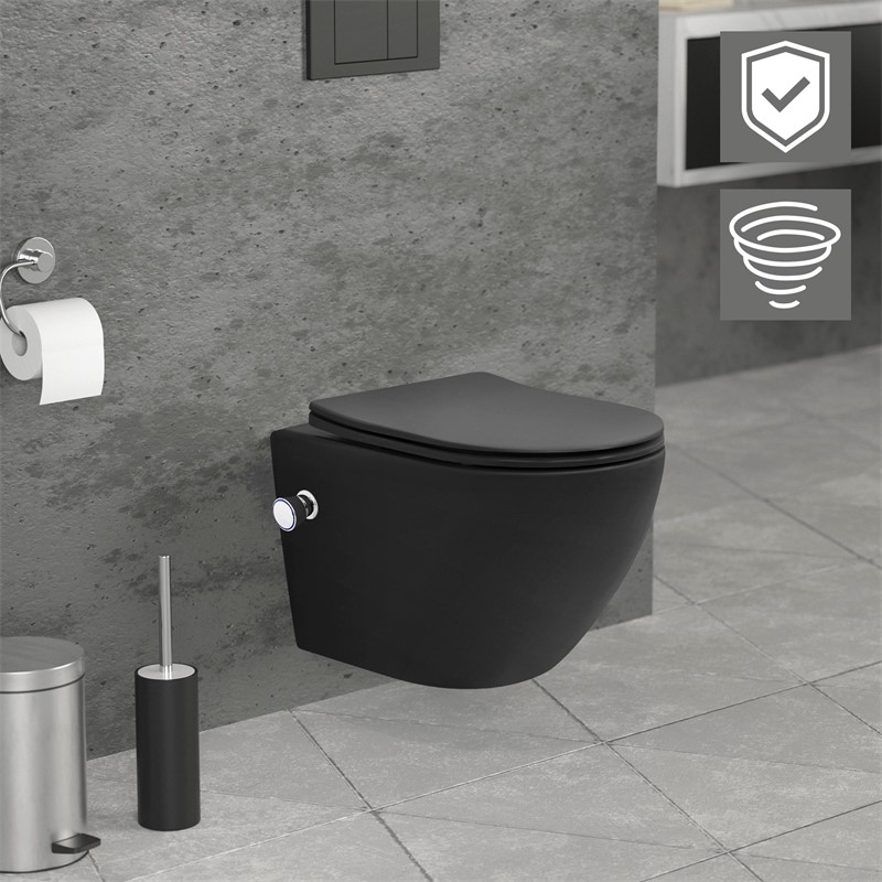 Wand-WC Hänge Toilette aus Keramik Matt Schwarz 49 cm lang Spülrandlos mit Bidet, Nanoversiegelung & Softclose Luxebath Wand-WC Hänge Toilette aus Keramik Matt Schwarz 49 cm lang Spülrandlos mit Bidet, Nanoversiegelung & Softclose Luxebath