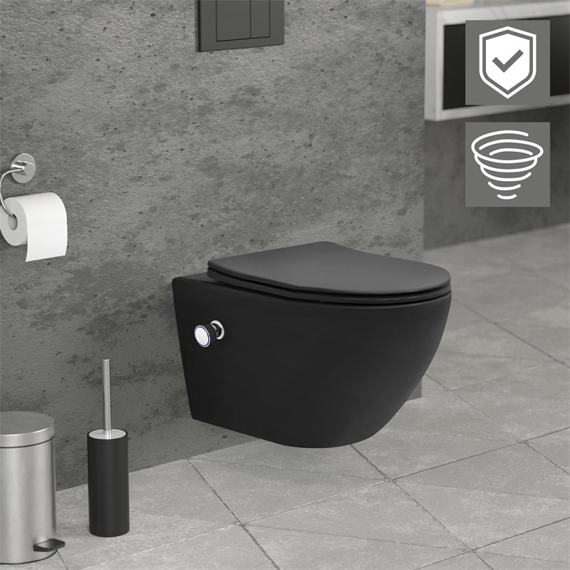 Wand-WC Hänge Toilette aus Keramik Matt Schwarz 54 cm lang Spülrandlos mit Bidet, Nanoversiegelung & Softclose Luxebath Wand-WC Hänge Toilette aus Keramik Matt Schwarz 54 cm lang Spülrandlos mit Bidet, Nanoversiegelung & Softclose Luxebath