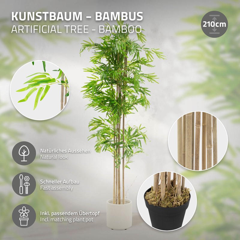 Künstlicher Bambus 210 cm Kunstpflanze mit Echtholzstamm ML-Design