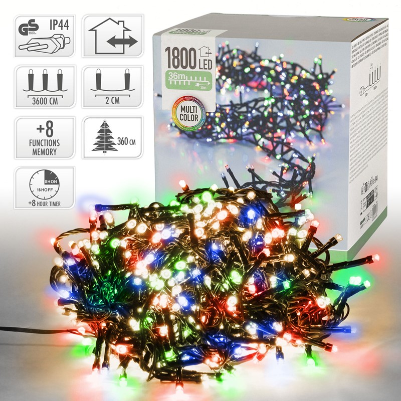 LED Clusterlichterkette bunt 36m mit 1800 Multi Color LEDs 8 Leuchtmodi mit Timerfunktion Spritzwassergeschützt