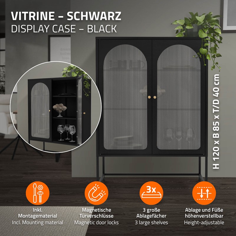 Vitrinenschrank doppeltürig 85x102x40 cm Vitrine mit 2 Einlegeböden Schwarz aus Stahl ML-Design