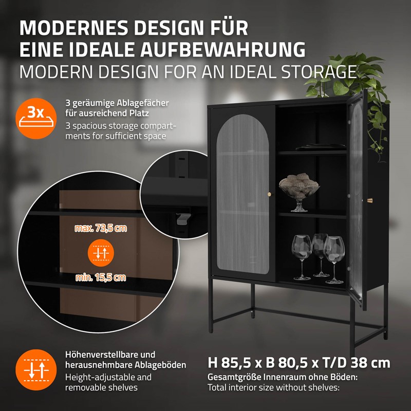 Vitrinenschrank doppeltürig 85x102x40 cm Vitrine mit 2 Einlegeböden Schwarz aus Stahl ML-Design