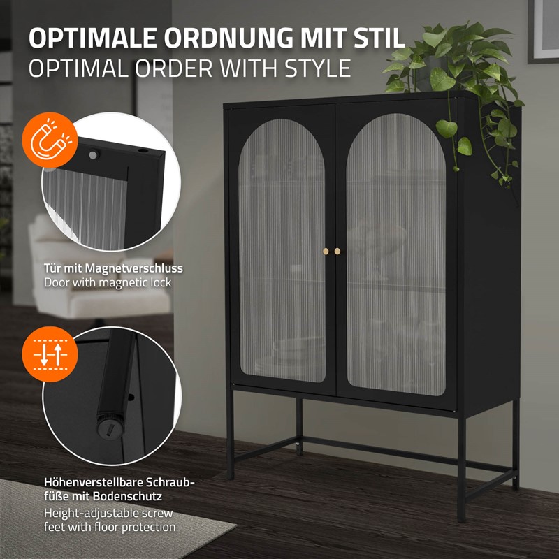 Vitrinenschrank doppeltürig 85x102x40 cm Vitrine mit 2 Einlegeböden Schwarz aus Stahl ML-Design