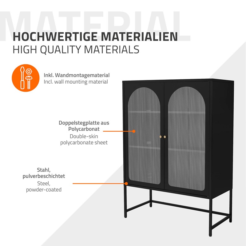 Vitrinenschrank doppeltürig 85x102x40 cm Vitrine mit 2 Einlegeböden Schwarz aus Stahl ML-Design