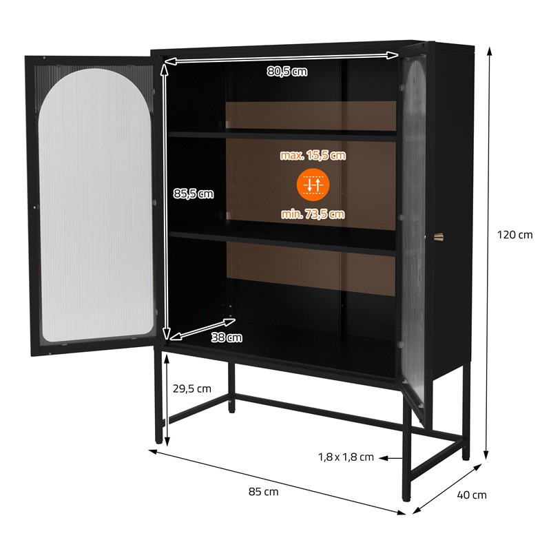 Vitrinenschrank doppeltürig 85x102x40 cm Vitrine mit 2 Einlegeböden Schwarz aus Stahl ML-Design