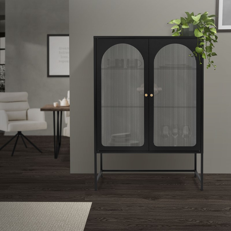 Vitrinenschrank doppeltürig 85x102x40 cm Vitrine mit 2 Einlegeböden Schwarz aus Stahl ML-Design