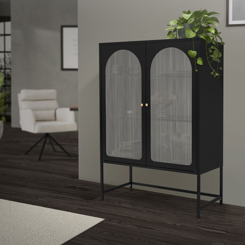 Vitrinenschrank doppeltürig 85x102x40 cm Vitrine mit 2 Einlegeböden Schwarz aus Stahl ML-Design