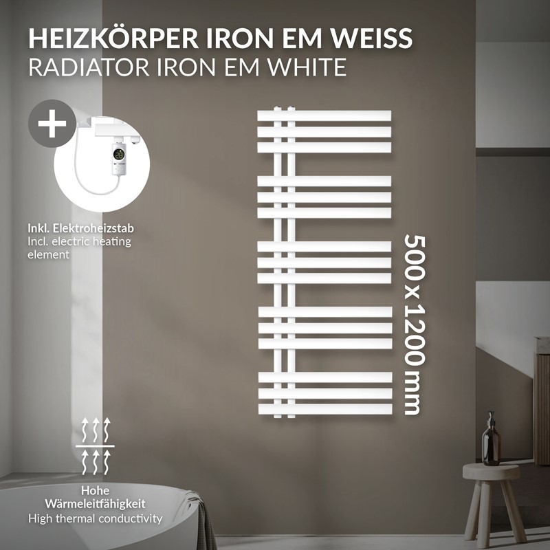 Badheizkörper Mittelanschluss 500x1200 mm Weiß mit Heizstab 900W LuxeBath