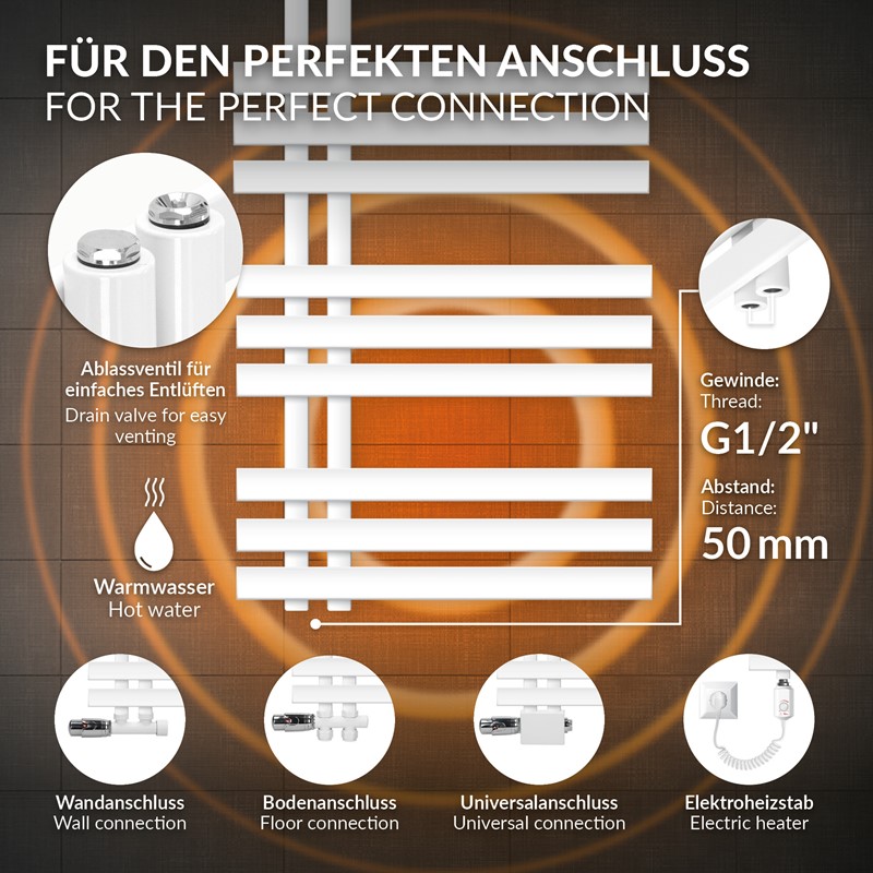 Badheizkörper Mittelanschluss 500x1200 mm Weiß mit Heizstab 900W LuxeBath