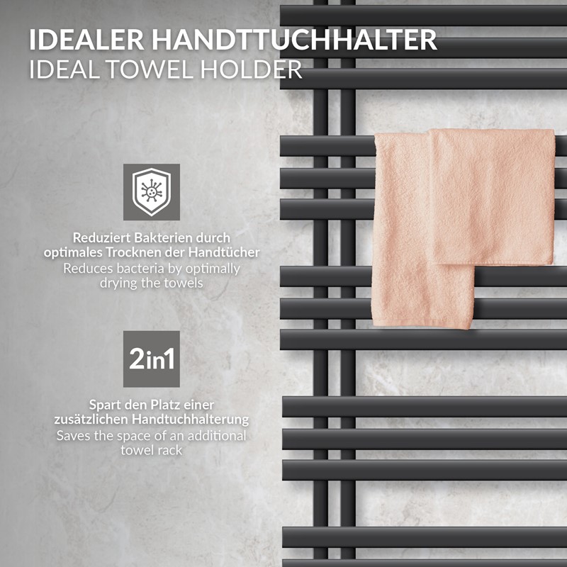 Badheizkörper Mittelanschluss 500x1600 mm Anthrazit mit Heizstab 1200W LuxeBath