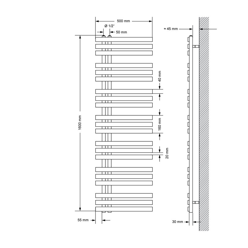 Badheizkörper Mittelanschluss 500x1600 mm Anthrazit mit Heizstab 1200W LuxeBath