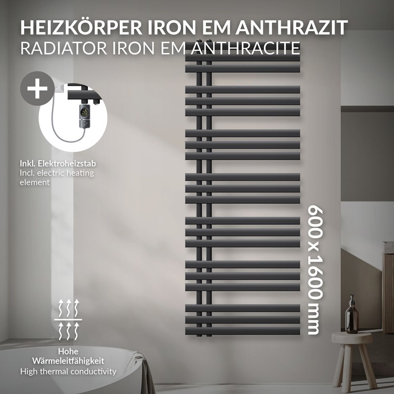 Badheizkörper Mittelanschluss 600x1600 mm Anthrazit mit Heizstab 900W LuxeBath