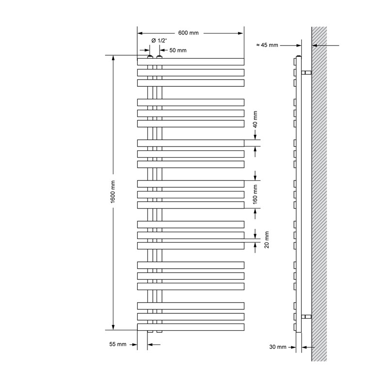 Badheizkörper Mittelanschluss 600x1600 mm Anthrazit mit Heizstab 900W LuxeBath