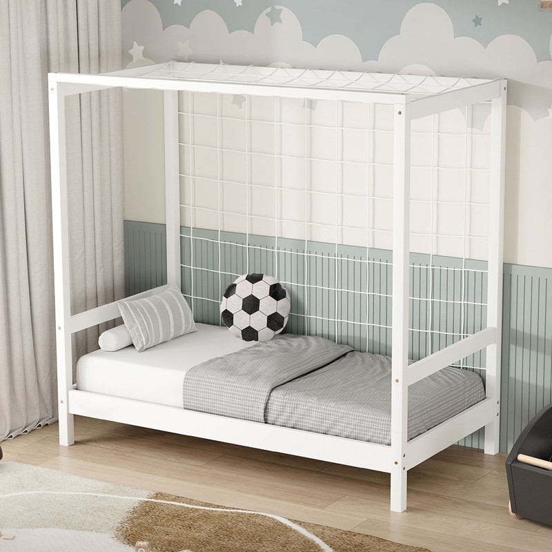 Kinderbett Fußballtor 70x140 cm Weiß Einzelbett für Kinder Holzbett mit Lattenrost & Tornetz Handballtor ML-Design Kinderbett Fußballtor 70x140 cm Weiß Einzelbett für Kinder Holzbett mit Lattenrost & Tornetz Handballtor ML-Design