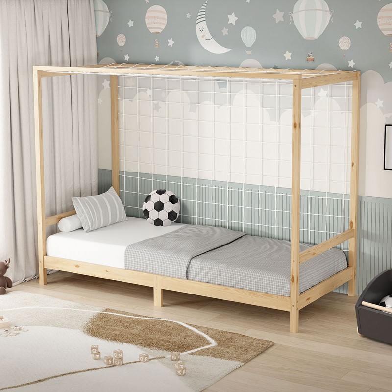 Kinderbett Fußballtor 90x200 cm Natur Einzelbett für Kinder Holzbett mit Lattenrost & Tornetz Handballtor ML-Design Kinderbett Fußballtor 90x200 cm Natur Einzelbett für Kinder Holzbett mit Lattenrost & Tornetz Handballtor ML-Design