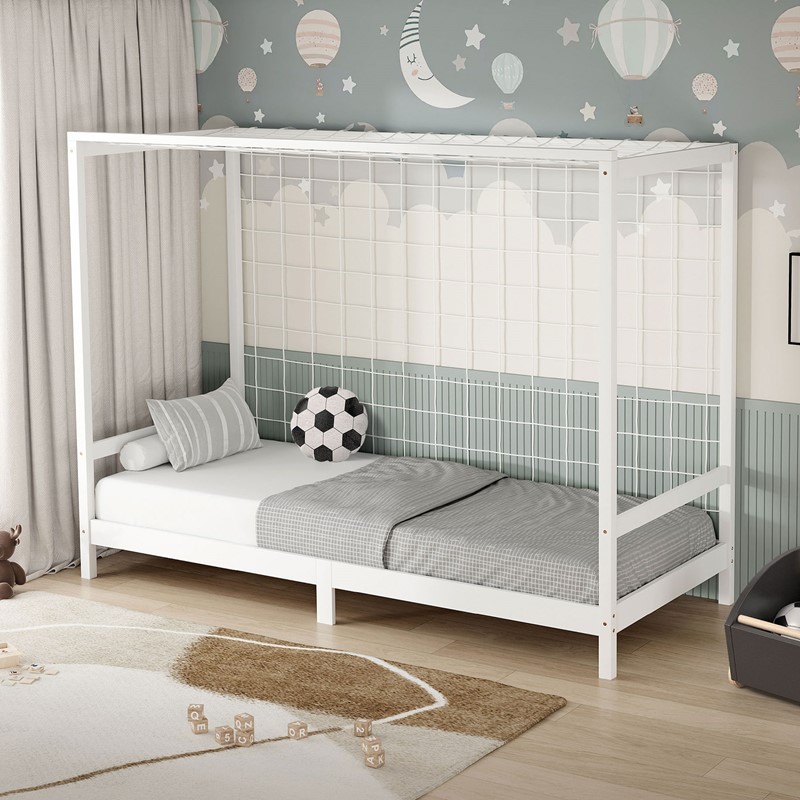 Kinderbett Fußballtor 90x200 cm Weiß Einzelbett für Kinder Holzbett mit Lattenrost & Tornetz Handballtor ML-Design Kinderbett Fußballtor 90x200 cm Weiß Einzelbett für Kinder Holzbett mit Lattenrost & Tornetz Handballtor ML-Design
