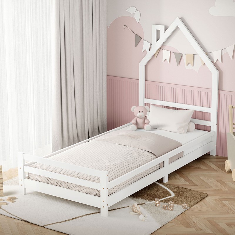Kinderbett Haus 90x200 cm Weiß Hausbett für Kinder Holzbett mit Lattenrost Schornstein Design ML-Design
