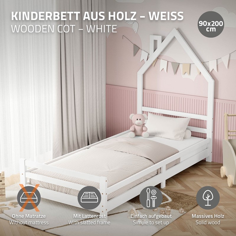 Kinderbett Haus 90x200 cm Weiß Hausbett für Kinder Holzbett mit Lattenrost Schornstein Design ML-Design