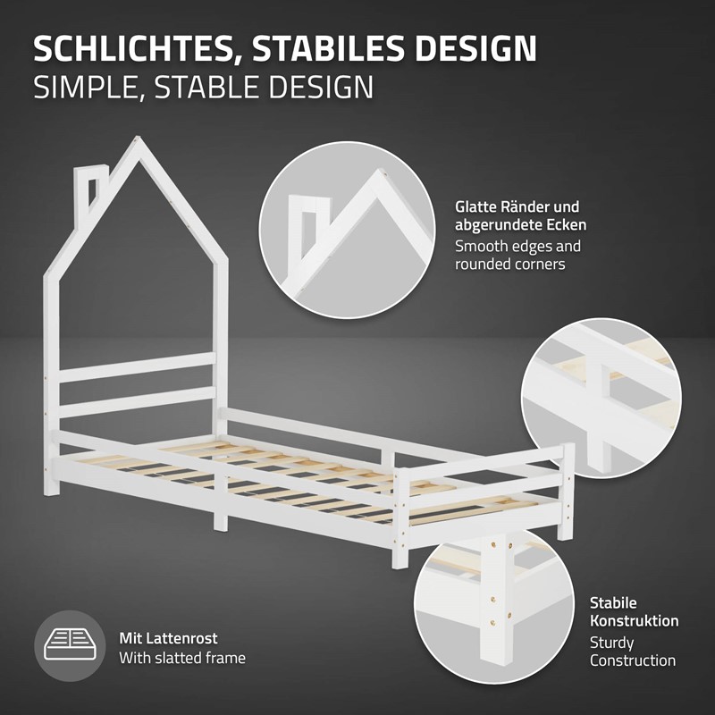 Kinderbett Haus 90x200 cm Weiß Hausbett für Kinder Holzbett mit Lattenrost Schornstein Design ML-Design