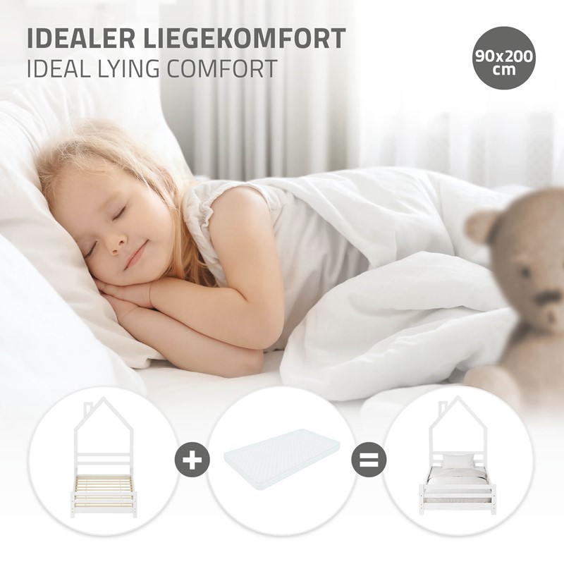Kinderbett Haus 90x200 cm Weiß Hausbett für Kinder Holzbett mit Lattenrost Schornstein Design ML-Design