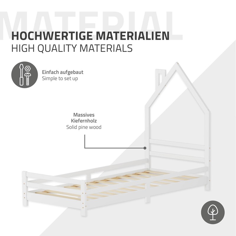 Kinderbett Haus 90x200 cm Weiß Hausbett für Kinder Holzbett mit Lattenrost Schornstein Design ML-Design