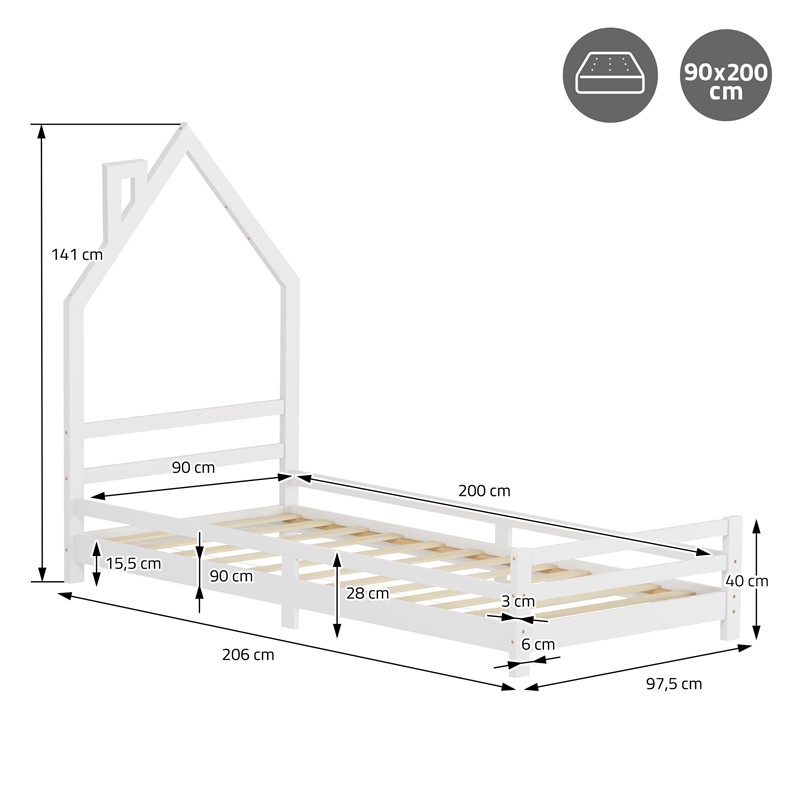 Kinderbett Haus 90x200 cm Weiß Hausbett für Kinder Holzbett mit Lattenrost Schornstein Design ML-Design