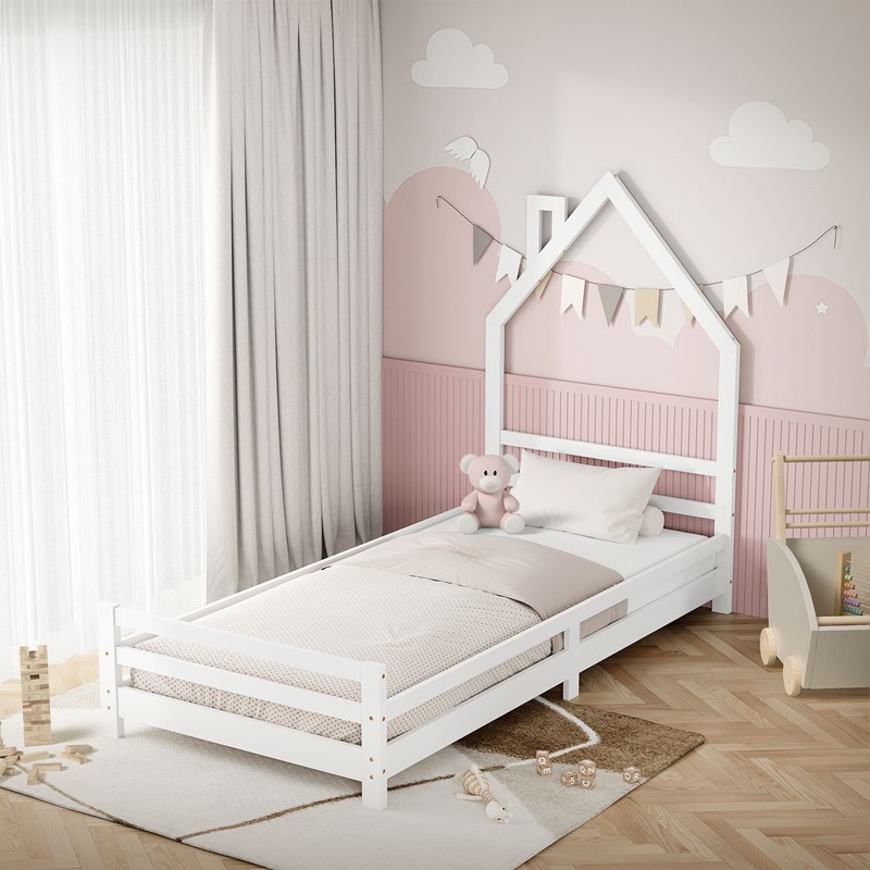 Kinderbett Haus 90x200 cm Weiß Hausbett für Kinder Holzbett mit Lattenrost Schornstein Design ML-Design