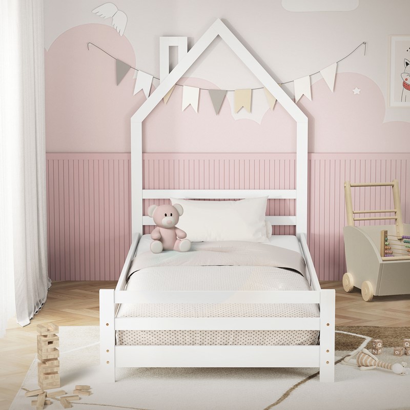 Kinderbett Haus 90x200 cm Weiß Hausbett für Kinder Holzbett mit Lattenrost Schornstein Design ML-Design