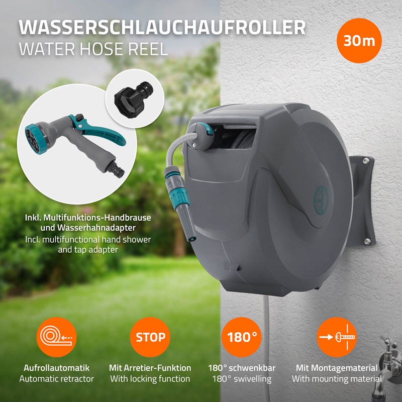 Schlauchaufroller 30m+2m Schlauchtrommel Wand-Schlauchbox RollUp mit Arretierstop und 9 Sprühfunktionen 180° Schwenkbar
