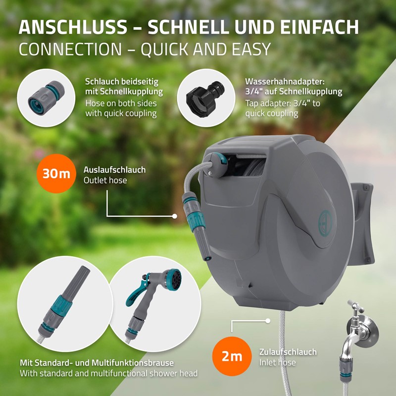 Schlauchaufroller 30m+2m Schlauchtrommel Wand-Schlauchbox RollUp mit Arretierstop und 9 Sprühfunktionen 180° Schwenkbar