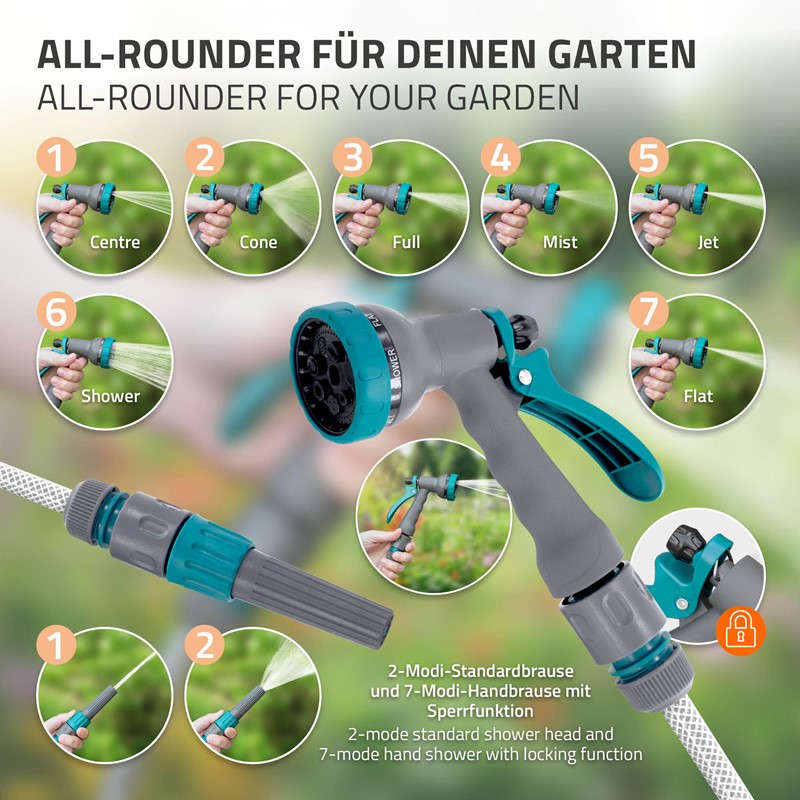 Schlauchaufroller 30m+2m Schlauchtrommel Wand-Schlauchbox RollUp mit Arretierstop und 9 Sprühfunktionen 180° Schwenkbar