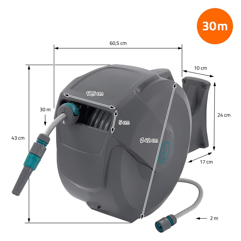 Schlauchaufroller 30m+2m Schlauchtrommel Wand-Schlauchbox RollUp mit Arretierstop und 9 Sprühfunktionen 180° Schwenkbar