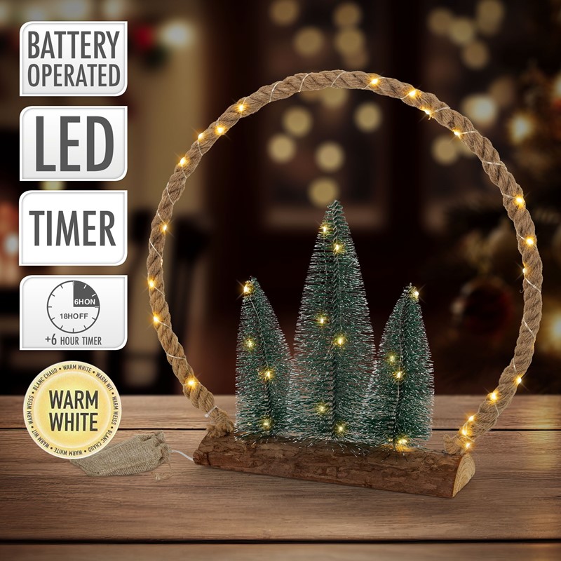 LED Jute Kreis 45x45x9,5 cm aus Seil mit 45 warmweißen LEDs 3 Tannen Jutesäckchen Batterien Timer LED Jute Kreis 45x45x9,5 cm aus Seil mit 45 warmweißen LEDs 3 Tannen Jutesäckchen Batterien Timer