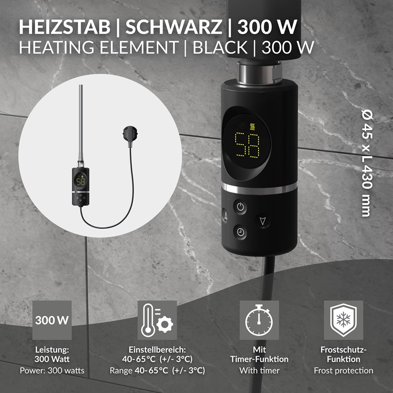 Heizstab 300W Schwarz mit Thermostat und LCD Bildschirm LuxeBath