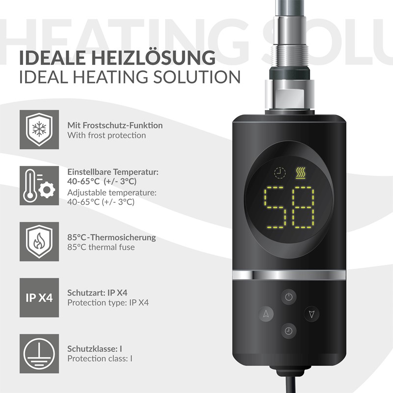 Heizstab 300W Schwarz mit Thermostat und LCD Bildschirm LuxeBath
