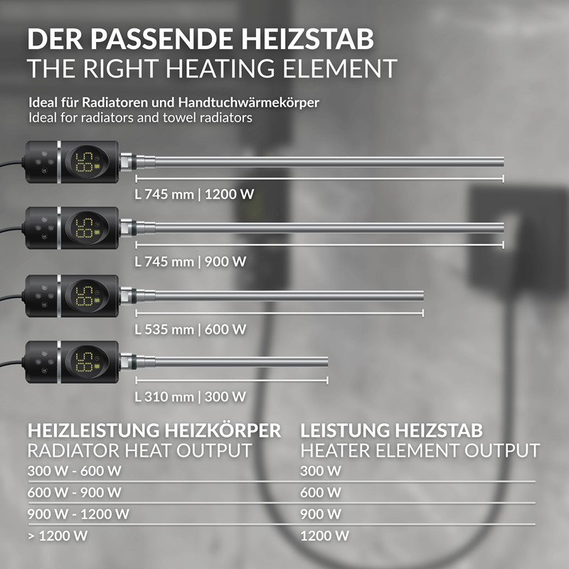 Heizstab 300W Schwarz mit Thermostat und LCD Bildschirm LuxeBath