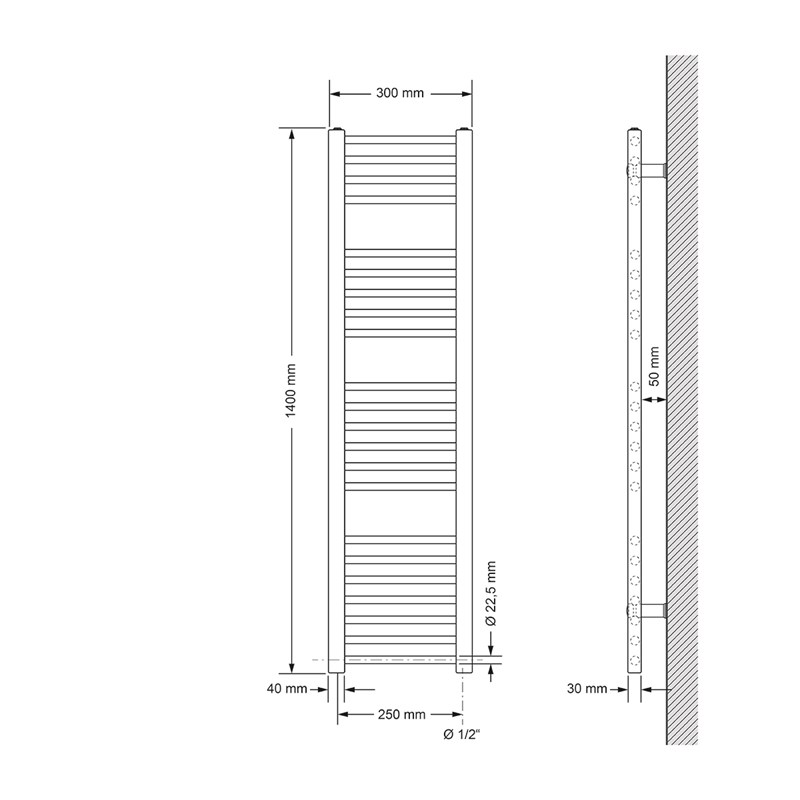 Design Badheizkörper Sahara Elektrisch mit Heizstab 900W 300x1400 mm gerade Schwarz matt Seitenanschluss LuxeBath