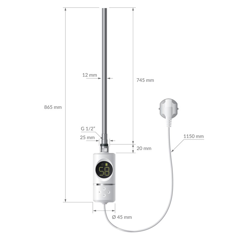 Elektrischer Badheizkörper mit Heizstab 1200W 300x1800 mm Weiß gerade Seitenanschluss & Thermostat LuxeBath